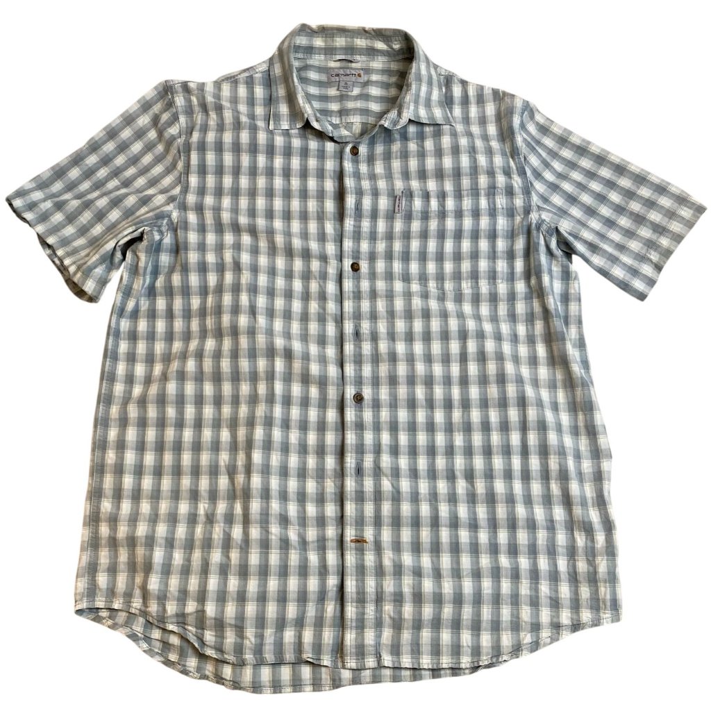 Carhartt Mens Shirt Size Xlt Short Sleeve Plaid Button Up Gray Classic Casual